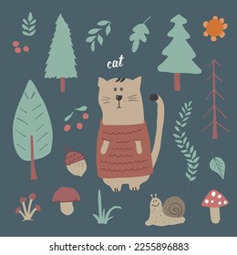 Cute Cat in forest. Cartoon Animal in Woodland with trees and plants. Vector illustration.