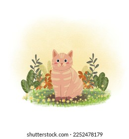 cute cat in the forest handrawn illustration