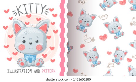 Cute cat fox - seamless pattern. Hand draw