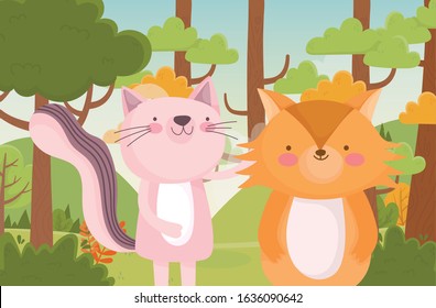 cute cat and fox trees bush nature forest foliage landscape vector illustration