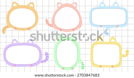 Cute cat frame illustration set. Colorful kitten text boxes, speech bubbles, and photo borders with ears and tails. Scrapbooking, school label, and sticky note concept. Kawaii cartoon style.