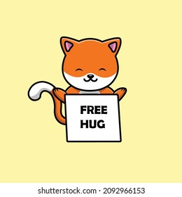 Cute Cat With Free Hug Board Cartoon Vector Icon Illustration. Animal Icon Concept Isolated Premium Vector. Flat Cartoon Style