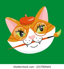 Cute Cat in French Red beret with artist brush. Hand drawn cartoon vector illustration. Orange Kitten portrait