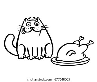 Cute cat and fried chicken on the table. Funny cartoon cool character. Contour freehand digital drawing. Isolated vector illustration.