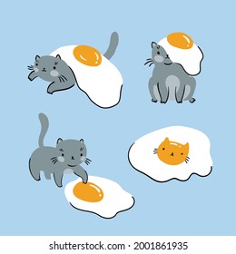 Cute cat and fried eggs isolated design elements. Vector animal illustration. Baby cats sticker pack for cat lovers on blue background. Kawaii cats and fried eggs card.