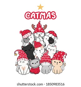 cute cat friend doing Christmas tree, cartoon drawing illustration, winter concept.