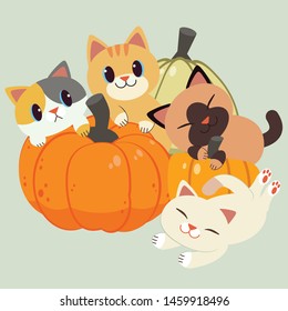 The cute cat and friend playing with a plie of pumpkin in flat vector style.