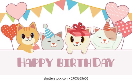 The cute cat and friends with birth day party flat vector style. illustation for birthday party with cats.