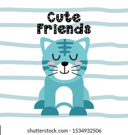 Cute Cat Friends design on stripe background, good for icon, mascot, card, banner, poster, print and other uses.