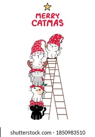 cute cat friends group stack Christmas tree for Christmas day and New year. Winter concept. Doodle cartoon style  Draw illustration