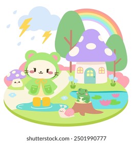 Gato lindo en la capucha de la rana con la casa de la seta y el arco iris. Gato adorable en impermeable con la casa del caracol y de la seta. Escena del bosque de Kawaii con el gato, la rana, y la tormenta eléctrica.