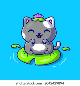 Cute Cat Frog Sitting On Leaf Cartoon Vector Icon Illustration. Animal Nature Icon Concept Isolated Premium Vector. Flat Cartoon Style