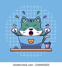 Cute cat in front of computer with happy expression vector illustration. Flat cartoon style.