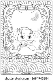Cute gato frente a una ventana y eslogan, etiqueta quédate en casa. Página de colorear para el libro de colorear para adultos y niños. Dibujo manual de esquema de ilustración vectorial.