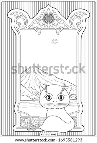 Cute cat in front of a window and slogan, tag stay at home. Coloring page for the adult and kids coloring book. Outline hand drawing vector illustration..