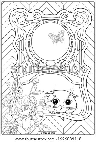 Cute cat in front of a window and slogan, tag stay at home. Coloring page for the adult and kids coloring book. Outline hand drawing vector illustration..