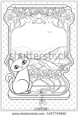Cute cat in front of a window and slogan, tag stay at home. Coloring page for the adult and kids coloring book. Outline hand drawing vector illustration..
