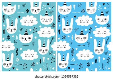 Cute Cat, Funny Bunny and Fluffy Cloud Vector Illustration. Lovely Nursery Art. White Cats, Bunnies and Clouds Isolated on a Blue Background. Sweet Abstract Baby Boy Party Decorative Vector Layout.