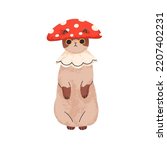 Cute cat in funny costume with mushroom cap. Halloween kitty disguised in fly agaric clothing. Adorable kitten, fairytale feline animal. Flat graphic vector illustration isolated on white background