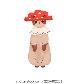 Cute cat in funny costume with mushroom cap. Halloween kitty disguised in fly agaric clothing. Adorable kitten, fairytale feline animal. Flat graphic vector illustration isolated on white background