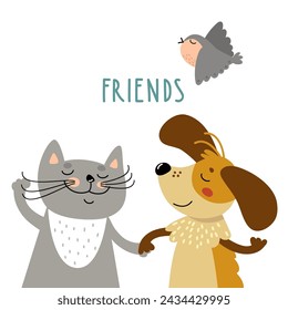 Lindo gato, perro divertido, pajarito es mejor amigos. Cachorro feliz, gatito, polluelo juntos, mascotas acompañantes. Personajes de dibujos animados, dibujado a mano ilustración vectorial y letras, aislado en blanco. Diseño plano.