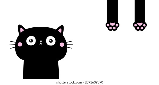 Cute Cat. Funny Face Head Silhouette. Hanging Body Paw Print, Tail. Kawaii Animal. Baby Card. Notebook Cover. Black Kitten. Sticker Print. Cartoon Pet Character. Flat Design. White Background. Vector