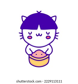 Cute cat with funny hair holding food doodle art, illustration for t-shirt, sticker, or apparel merchandise. With modern pop and kawaii style.