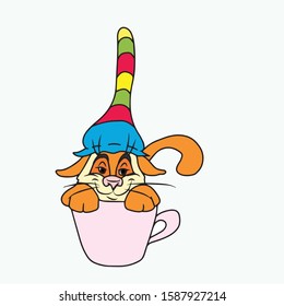 Cute cat in a funny hat sits in a mug with protruding legs and tail.On a white isolated background. Hand-drawn. Vector illustration.Form for banners, postcards. Animal