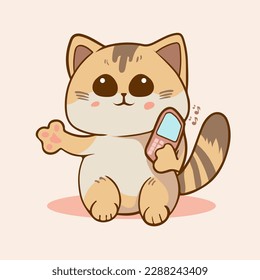 Cute cat Funny holding a cell phone playful kitty illustration of funny cartoon cats isolated on white background print for children's clothing