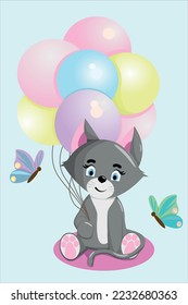 Buen gato. Graciosa ilustración de un gatito con globos. Baby Hare