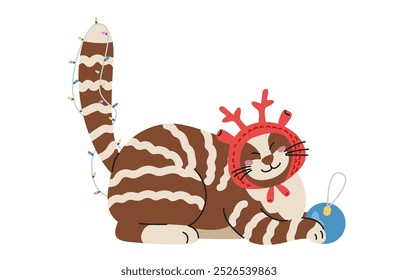 Cute cat in funny knitted hat and garland on its tail playing with Christmas ball flat vector illustration isolated on white. 