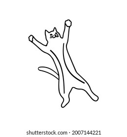 Cute cat in a funny pose. Jumps up and stretches with a paws. Vector black and white doodle isolated illustration. Pet playful