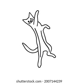Cute cat in a funny pose. Vector black and white doodle isolated illustration. Pet playful