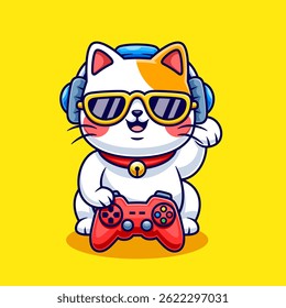 Cute Cat Gamer With Headphone And Controller Cartoon Vector Icon Illustration. Animal Technology Icon Concept Isolated Premium Vector. Flat Cartoon Style