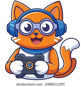 Cute Cat Gamer with Joystick and Headphone Cartoon Vector Kawaii Icon. Technology Illustration