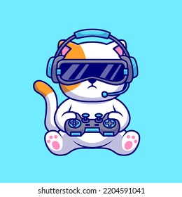 Cute Cat Gamer Playing Game With Joystick And Headphone Cartoon Vector Icon Illustration. Animal Technology Icon Concept Isolated Premium Vector. Flat Cartoon Style