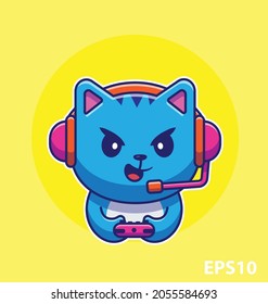 Cute Cat Gaming Cartoon Vector Icon Illustration