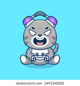 Cute cat gaming cartoon vector icon illustration. Animal technology icon concept isolated