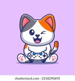 Cute Cat Gaming With Controller Cartoon Vector Icon Illustration. Animal Technology Icon Concept Isolated Premium Vector. Flat Cartoon Style