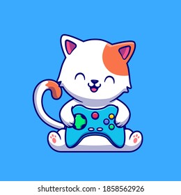 Cute Cat Gaming With Game Console Cartoon Vector Icon Illustration. Animal Technology Icon Concept Isolated Premium Vector. Flat Cartoon Style