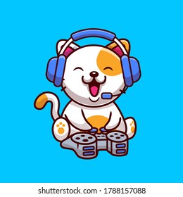 Cute Cat Gaming With Headphone And Console Cartoon Vector Icon Illustration. Animal Game Icon Concept Isolated Premium Vector. Flat Cartoon Style