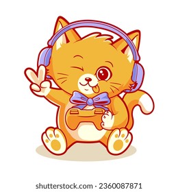 Juego De Gatos Con Auriculares Y Ilustración De Icono Del Vector De Caricatura De La Consola