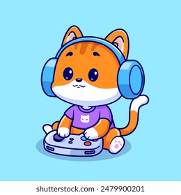 Cute Cat Gaming With Headphone And Console Cartoon Vector Icon Illustration. Animal Technology Icon Concept Isolated Premium Vector. Flat Cartoon Style