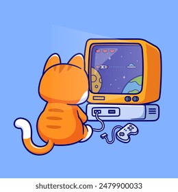 Gato lindo que juega el juego del espacio Ilustración del icono del Vector de la historieta. Icono de Tecnología animal concepto de Vector Premium aislado. Estilo plano de dibujos animados