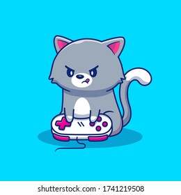 Cute Cat Gaming Vector Icon Illustration. Animal Game Icon Concept Isolated Premium Vector. Flat Cartoon Style 