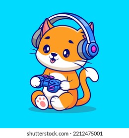 Cute Cat Gaming Vector Icon Illustration. Orange Cat Holding Game Console Stick and Wearing Headphone. Animal Game Icon Concept Isolated Premium Vector. Flat Cartoon Style