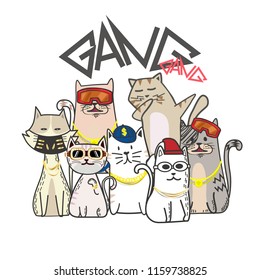 Cute cat gang with hand drawn cartoon. Hip Hop style