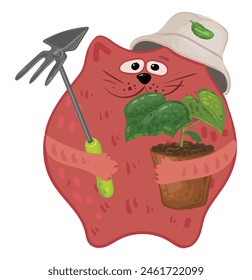Cute cat gardener in a hat. In his paws he holds a pot of cucumber seedlings and a garden tool. The cat loves to garden and has a cucumber on his hat. Vector cartoon picture.