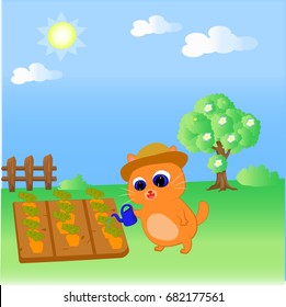 Cute cat gardening. vector cartoon illustration