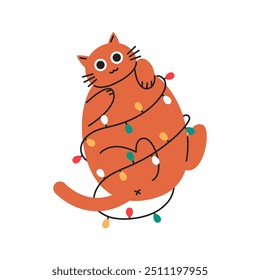 Cute cat in a garland. Flat vector illustration isolated on white background.